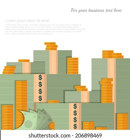 flat finance background with pile of money and coins on white