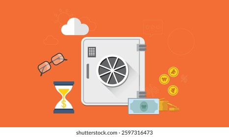 Flat finance bank vault investment background, template for infographics, website, homepage, visual, vector icon