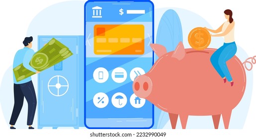 Flat finance concept, money cash in safe, smartphone app and piggy bank vector illustration. Dollar currency mobile payment