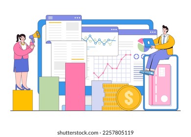 Flat financial administration, calculating payment, salary or taxes concept. Outline design style minimal vector illustration for landing page, web banner, infographics, hero images.