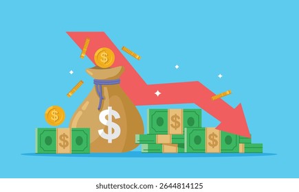 flat financial and economic illustration with down arrow stock chart. bad economy reduction investment cost, monetary loss