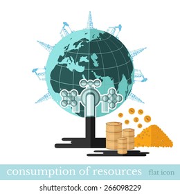 flat financial icon draining resources.Tap draining oil from Earth