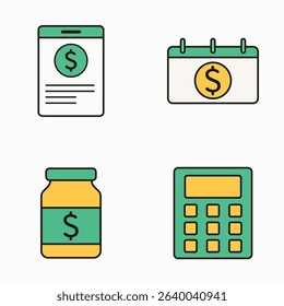 Flat financial icons including calendar, savings jar, calculator, and document with dollar sign