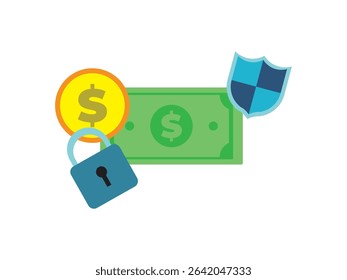 Flat Financial Security Icon – Dollar Bills and Coins with Shield and Lock
