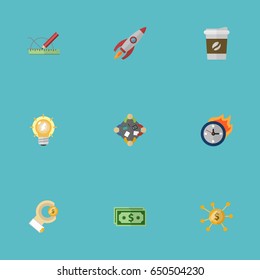 Flat Financing, Design, Cash And Other Vector Elements. Set Of Idea Flat Symbols Also Includes Drink, Money, Meeting Objects.