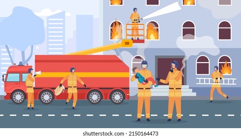 Flat fire emergency vector concept, firefighter and truck. Illustration of firefighter emergency, protection from flame