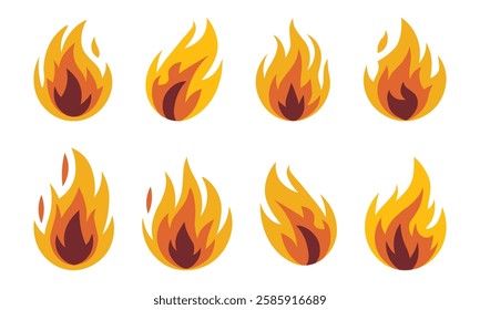 Flat Fire Flame Icon Vector Illustration Set – Burning Flames, Campfire, Bonfire on Isolated Background for Fire Hazard, Heat, and Energy Concepts