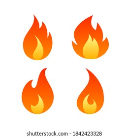 Flat fire flames set isolated on white background. Collection of hot cartoon light effect red and orange elements for web, infographics, game, design, app. Vector illustration