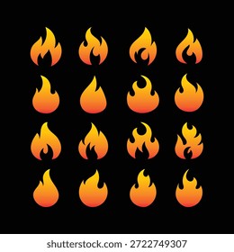 Conjunto de iconos de fuego plano que muestra símbolos de llama estilizados en estilo Vector limpio. Gráficos aislados para señalización de seguridad, App, materiales educativos, infografías y fondos de marketing.