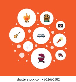 Flat Fire, Music, Fist Aid And Other Vector Elements. Set Of Encampment Flat Symbols Also Includes Pocket, Car, Van Objects.