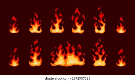 Flat fire set. Isolated flames on dark background. Vector illustration