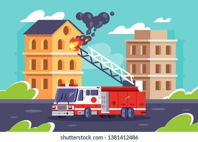 Flat fire station car puts out a flame buildings. Concept support service vehicle, state organization helping people. Vector illustration.