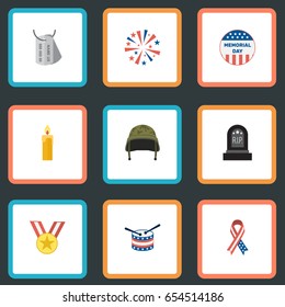 Flat Fire Wax, Firecracker, Medallion And Other Vector Elements. Set Of Memorial Flat Symbols Also Includes Tomb, Award, Usa Objects.