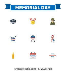 Flat Fire Wax, Hat, Awareness And Other Vector Elements. Set Of Day Flat Symbols Also Includes Military, Drum, Usa Objects.