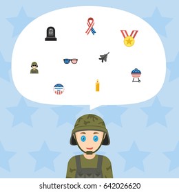 Flat Fire Wax, Usa Badge, Tomb And Other Vector Elements. Set Of Day Flat Symbols Also Includes Aircraft, Tomb, Ribbon Objects.
