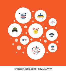 Flat Firecracker, Barbecue, Memorial Day And Other Vector Elements. Set Of Memorial Flat Symbols Also Includes Holiday, Military, Cap Objects.