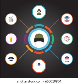 Flat Firecracker, Hat, Soldier Helmet And Other Vector Elements. Set Of Day Flat Symbols Also Includes Identity, Fire, Tag Objects.