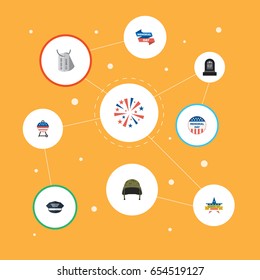 Flat Firecracker, Identity, Barbecue And Other Vector Elements. Set Of History Flat Symbols Also Includes Firework, Memorial, Helmet Objects.