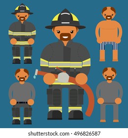 Flat firefighter character. Fireman kit uniform construction