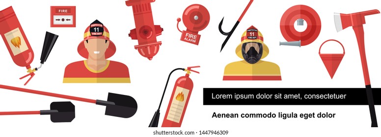 Flat firefighter colorful template with firemen shovels axe alarm bell fire hydrant extinguishers hose bucket vector illustration