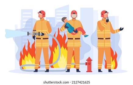 Grupo del equipo del departamento de bomberos planos salvando a la ciudad del fuego. Hombre de fuego con uniforme de rescate. El servicio de emergencia expuso el concepto de vector de llama. Equipo de bomberos de ilustración, personaje de rescate