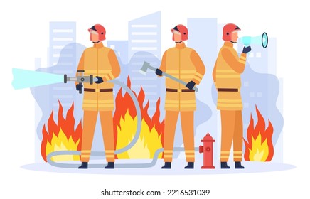 Grupo del equipo del departamento de bomberos planos. Personajes masculinos de dibujos animados con equipo uniforme de retención como manguera, hacha y megáfono. Tripulación de bomberos profesionales exponiendo ilustración de vector de llama