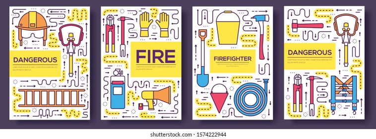 Flat firefighter uniform vector brochure cards thin line set. First help template of flyer, magazines, posters, book cover, banners. Layout  instruments outline illustrations modern pages.