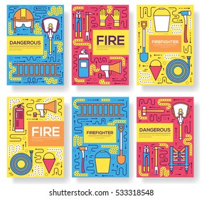 Flat firefighter uniform vector brochure cards thin line set. first help template of flyear, magazines, posters, book cover, banners. Layout  instruments outline illustrations modern pages.