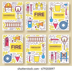 Flat firefighter uniform vector brochure cards thin line set. first help template of flyear, magazines, posters, book cover, banners. Layout  instruments outline illustrations modern pages.