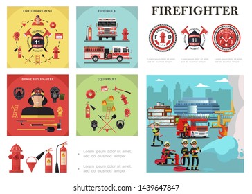 Flat firefighting colorful composition with rescue brigade extinguishing fire fireman equipment and firefighter emblems vector illustration