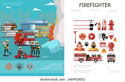 Flat firefighting colorful concept with rescue brigade extinguishing fire firemen alarm bell bucket axe fire truck hose extinguishers hydrants gas mask shovels vector illustration