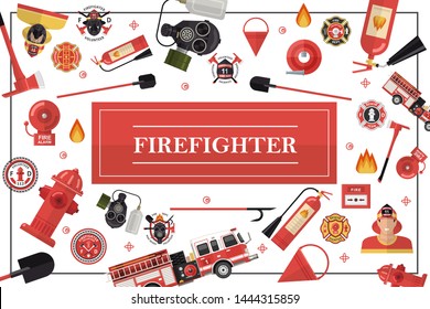 Flat firefighting colorful template with fireman shovel fire truck hose extinguishers hydrants bucket alarm bell axe shovels gas mask firefighter emblems vector illustration