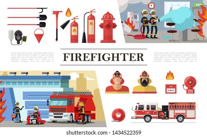 Flat firefighting elements composition with rescue brigades shovels gas mask fire hose hydrant extinguishers bucket firemen truck alarm bell vector illustration