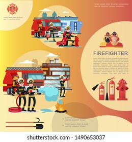 Flat firefighting template with rescue brigades fighting fire firemen extinguisher hydrants shovel firefighter emblem vector illustration