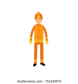 Flat fireman character in uniform and protective helmet, at work
