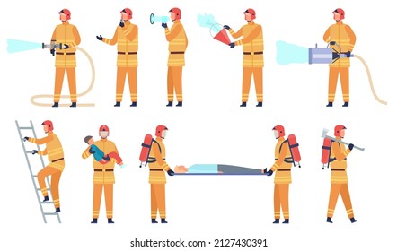 Flat fireman worker in uniform saving people and put out flame. Firefighter character, professional rescuer with hose and ladder vector set. Illustration of uniform fire job service