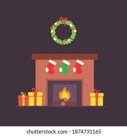 Flat Fireplace Christmas Background Vector