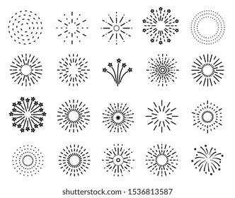 Flat fireworks. Festive sparkles, carnival salutes. Christmas, 4th july and winter holidays outline firework explosion vector element