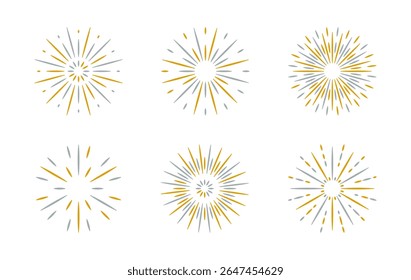 Fogos de artifício planos definidos com flashes, faíscas e rajadas cinza amarelas. Ícone radial para celebrar festivais, feriados, aniversários ou eventos festivos.