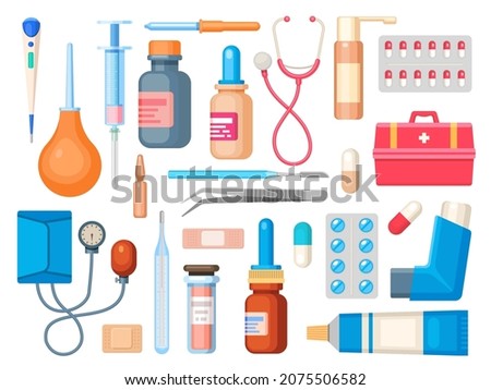 Flat first aid kit with syringe, thermometer, drugs and stethoscope. Medicine pills, bottles and inhaler. Medical emergency box vector set. Stethoscope, inhaler equipment for illness curing