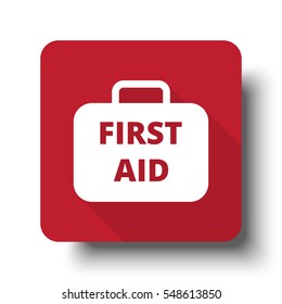 Flat First Aid Kit web icon on red button with drop shadow
