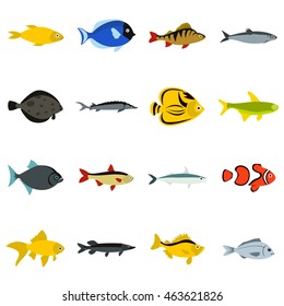 Flat fish icons set. Universal fish icons to use for web and mobile UI, set of basic fish elements isolated vector illustration