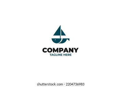 Flat fish and ship logo design vector