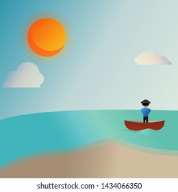 Flat fisherman background art in beutiful beach