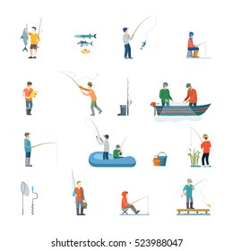 Flat Fisherman with fish or in boat, holding net or fishing rod vector illustration icon set. Vacation concept.