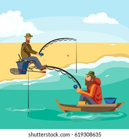 Flat fisherman hat sits on boat with trolling fishing rod in hand and catches bucket, Fishman crocheted spin into the sea waiting big fish funny vector illustration, Man active banner concept.