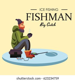 Flat fisherman hat sits on bag with spin fishing rod in hand and catches bucket, Fishman crocheted into the ice-hole waiting big fish funny vector illustration, Man active banner concept.