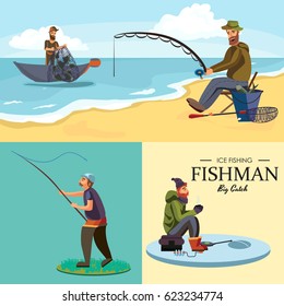 Flat fisherman hat sits on shore with fishing rod in hand and catches bucket and net, Fishman crocheted spin into the water and waiting big fish funny vector illustration, Man active banner concept