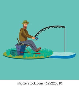 Flat fisherman hat sits on shore with fishing rod in hand and catches bucket and net, Fishman crocheted spin into the water and waiting big fish funny vector illustration, Man active banner concept