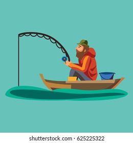 Flat fisherman hat sits on boat with trolling fishing rod in hand and catches bucket, Fishman crocheted spin into the sea waiting big fish funny vector illustration, Man active banner concept.